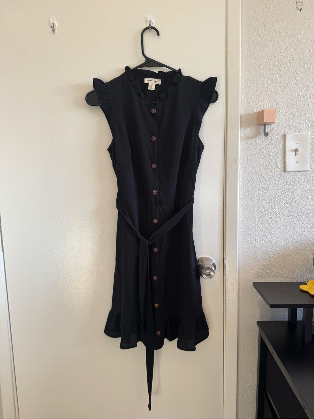 Black Midi Button-Front Dress with Waist Tie